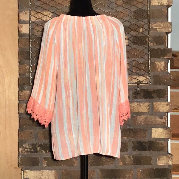 Robert Louis peasant blouse coral white vertical stripes elastic neckline L - Picture 4 of 6